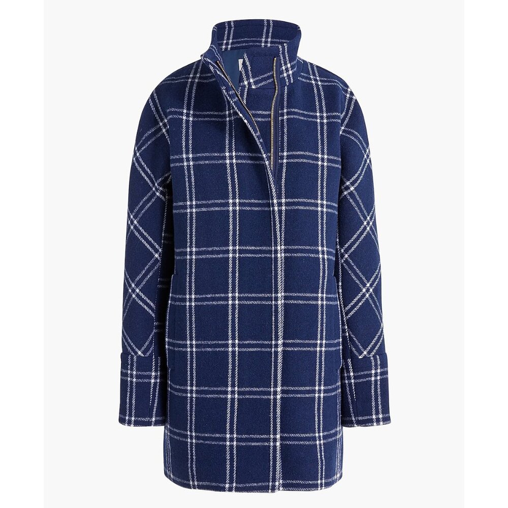 New J.Crew Wool Blend City Cocoon Coat Blue White Plaid 6 $268